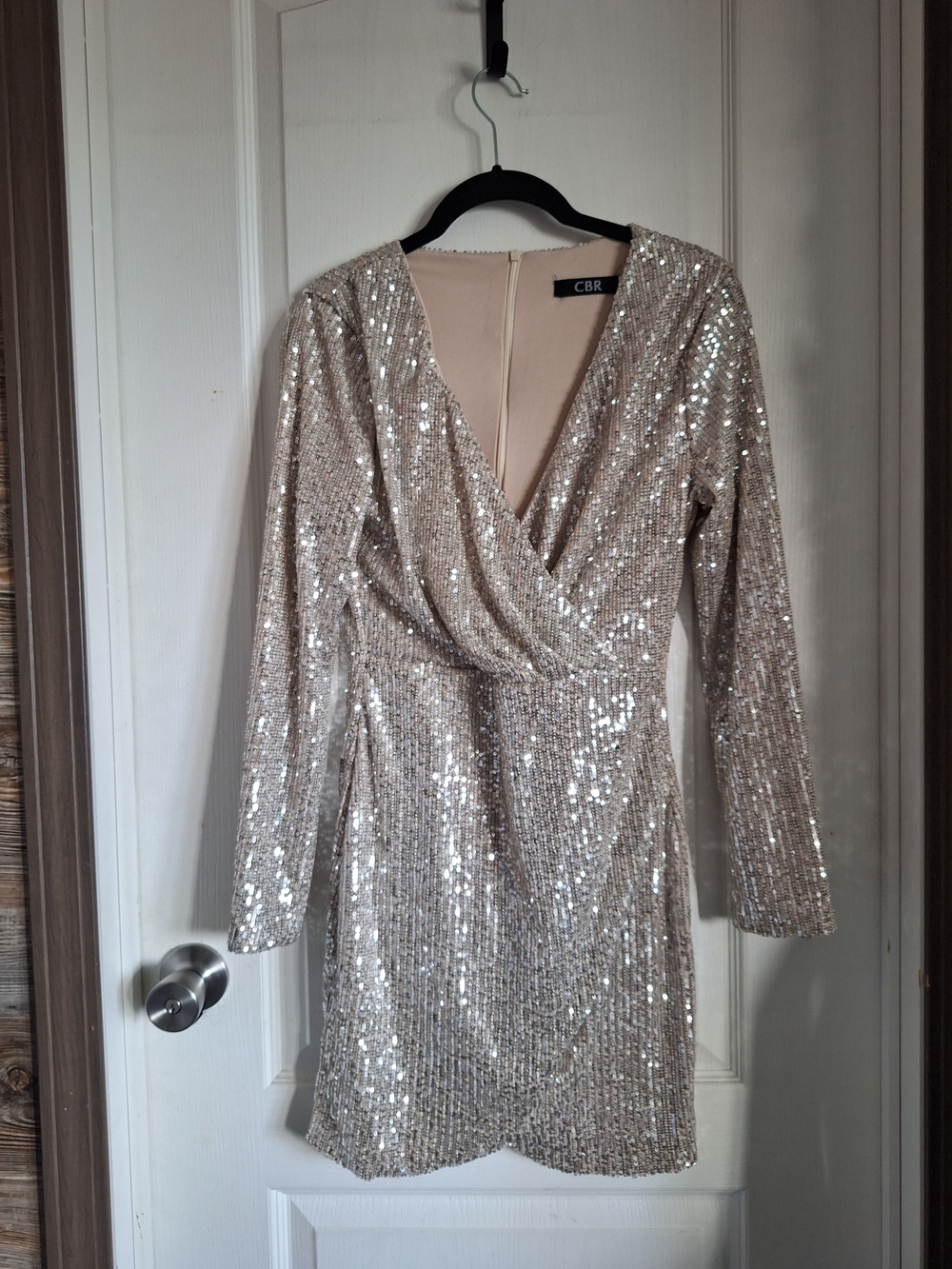 CBR Silver Sequin Wrap-Front Long Sleeve Dress